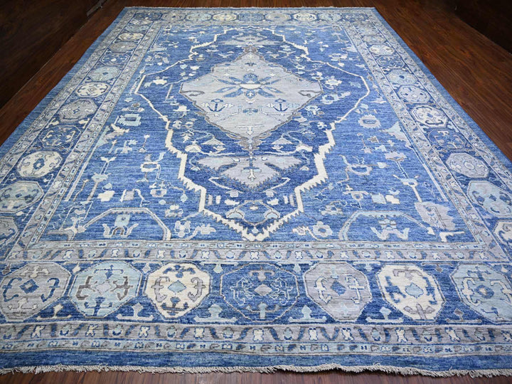 11'9" x 15'1" New Hand Knotted Blue Wool Rectangle Oriental Rug - MOA10273666