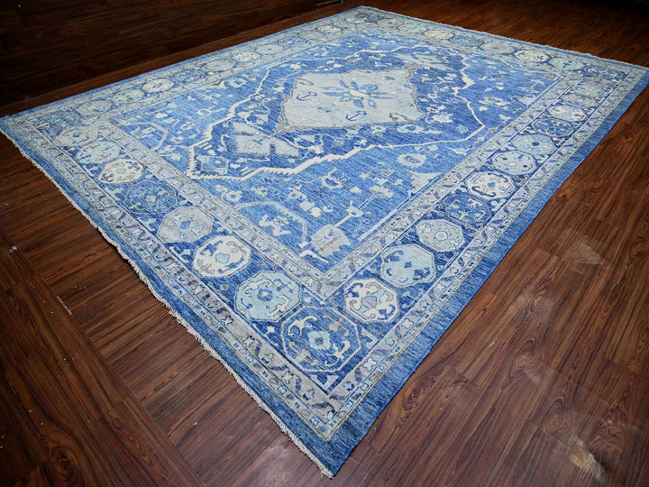 11'9" x 15'1" New Hand Knotted Blue Wool Rectangle Oriental Rug - MOA10273666