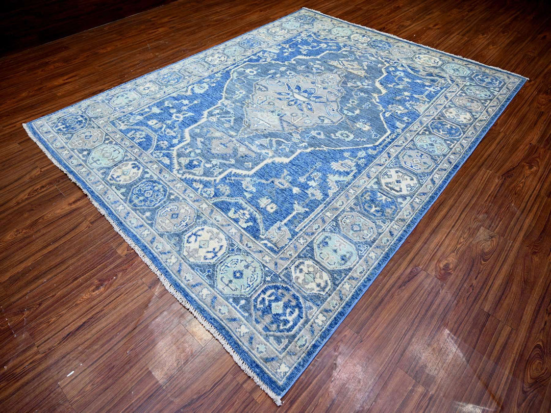 8'0" x 10'1" New Hand Knotted Blue Wool Rectangle Oriental Rug - MOA10273669