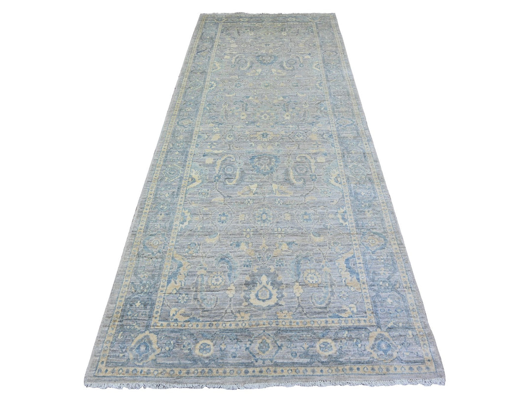 4'0" x 10'0" New Hand Knotted Grey Wool Runner Oriental Rug - MOA10273682
