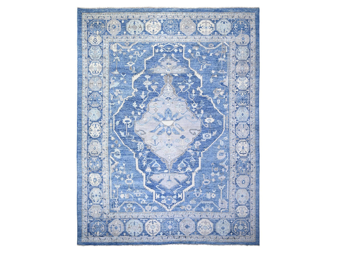 11'10" x 15'1" New Hand Knotted Blue Wool Rectangle Oriental Rug - MOA10273708