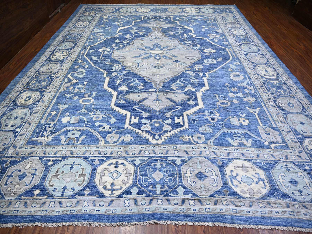11'10" x 15'1" New Hand Knotted Blue Wool Rectangle Oriental Rug - MOA10273708
