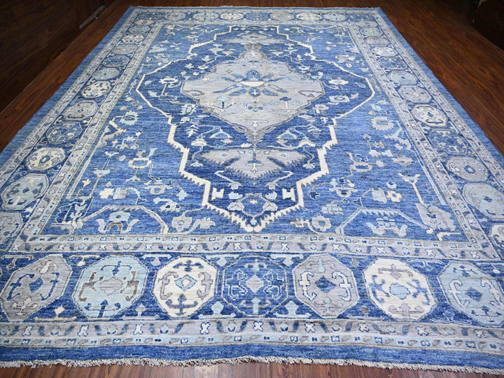 11'10" x 15'1" New Hand Knotted Blue Wool Rectangle Oriental Rug - MOA10273708