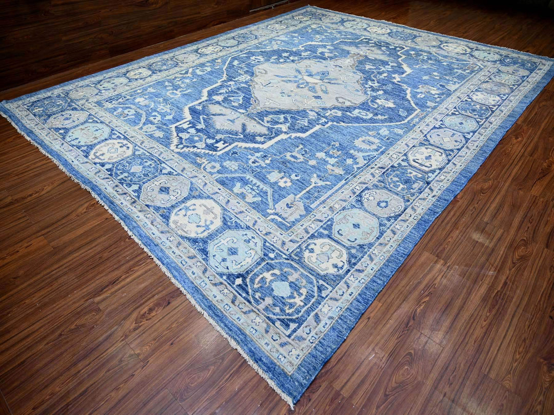 11'10" x 15'1" New Hand Knotted Blue Wool Rectangle Oriental Rug - MOA10273708