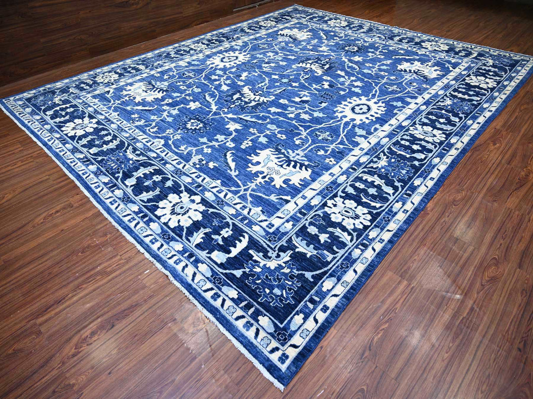 11'8" x 14'4" New Hand Knotted Blue Wool Rectangle Oriental Rug - MOA10273716