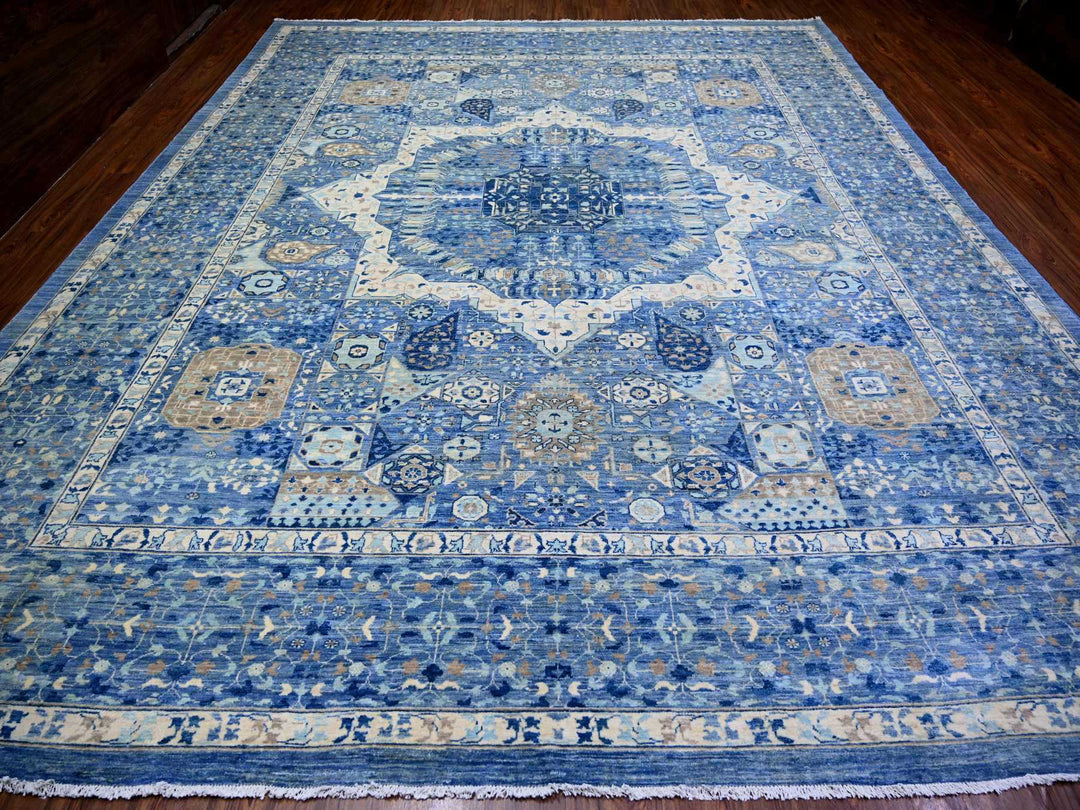 11'9" x 14'4" New Hand Knotted Blue Wool Rectangle Oriental Rug - MOA10273954