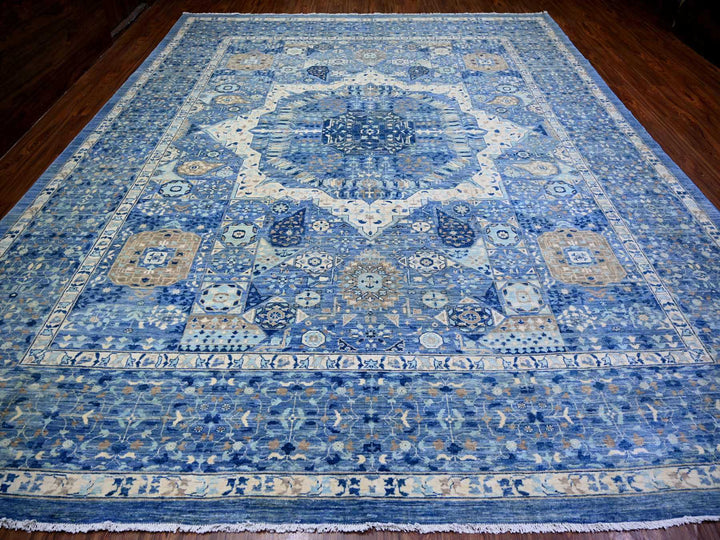 11'9" x 14'4" New Hand Knotted Blue Wool Rectangle Oriental Rug - MOA10273954