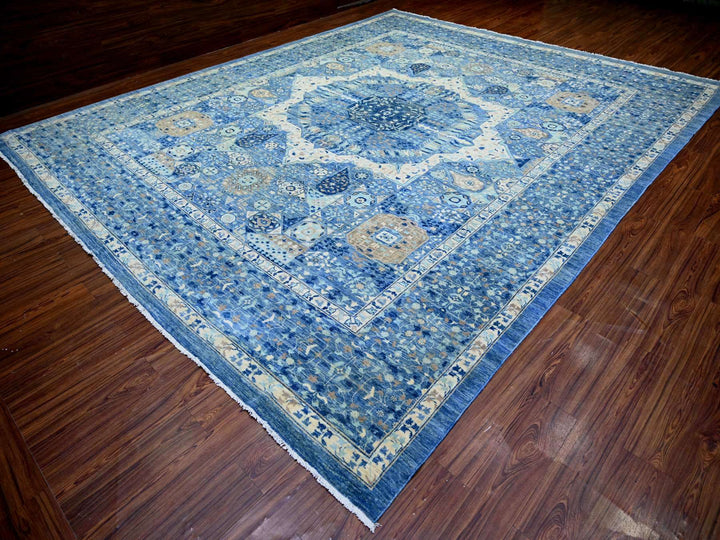 11'9" x 14'4" New Hand Knotted Blue Wool Rectangle Oriental Rug - MOA10273954