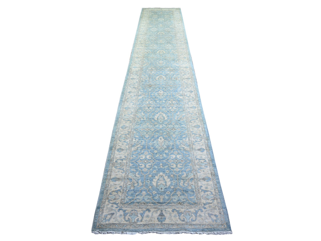 2'8" x 15'2" New Hand Knotted Blue Wool Runner Oriental Rug - MOA10274133