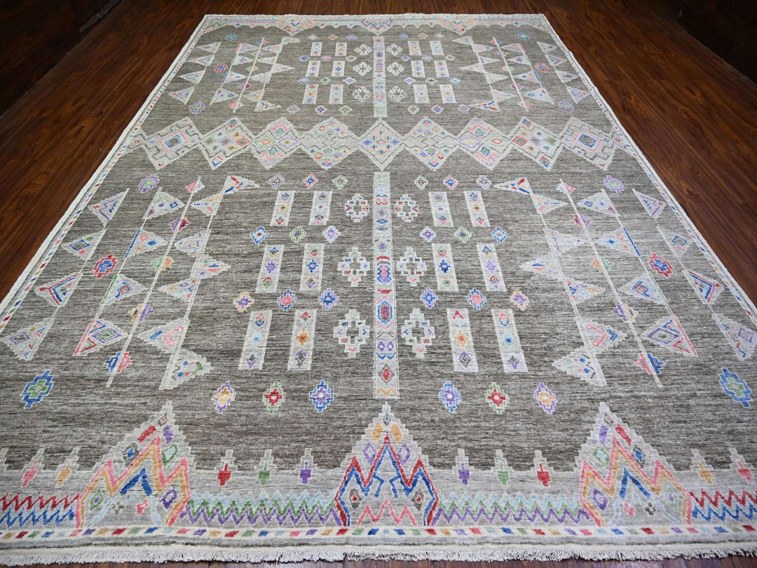 9'9" x 13'6" New Hand Knotted Grey Wool Rectangle Oriental Rug - MOA10274180