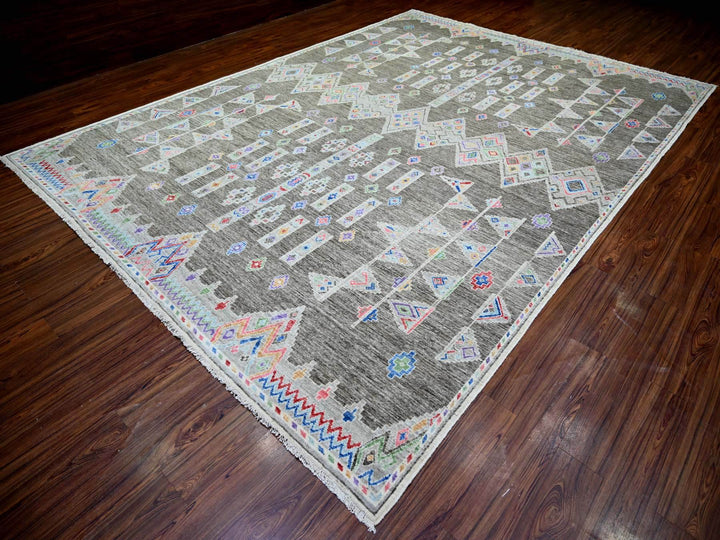 9'9" x 13'6" New Hand Knotted Grey Wool Rectangle Oriental Rug - MOA10274180