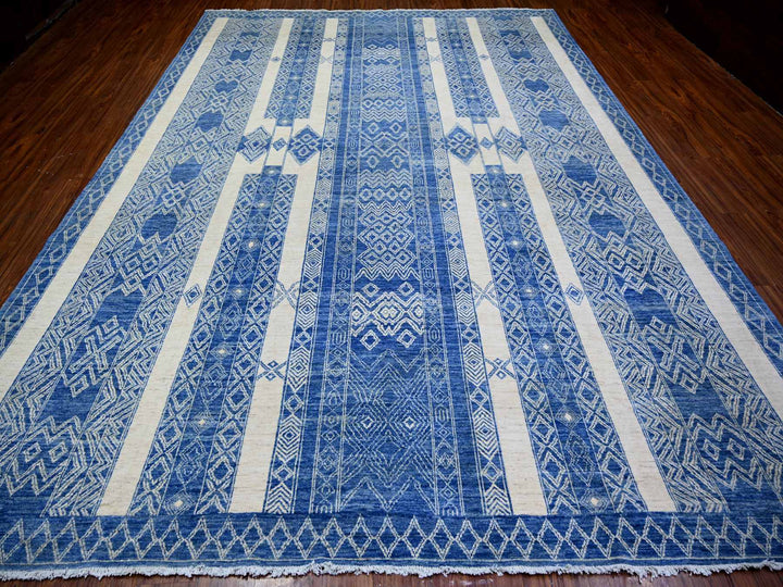 9'8" x 13'5" New Hand Knotted Blue Wool Rectangle Oriental Rug - MOA10274181