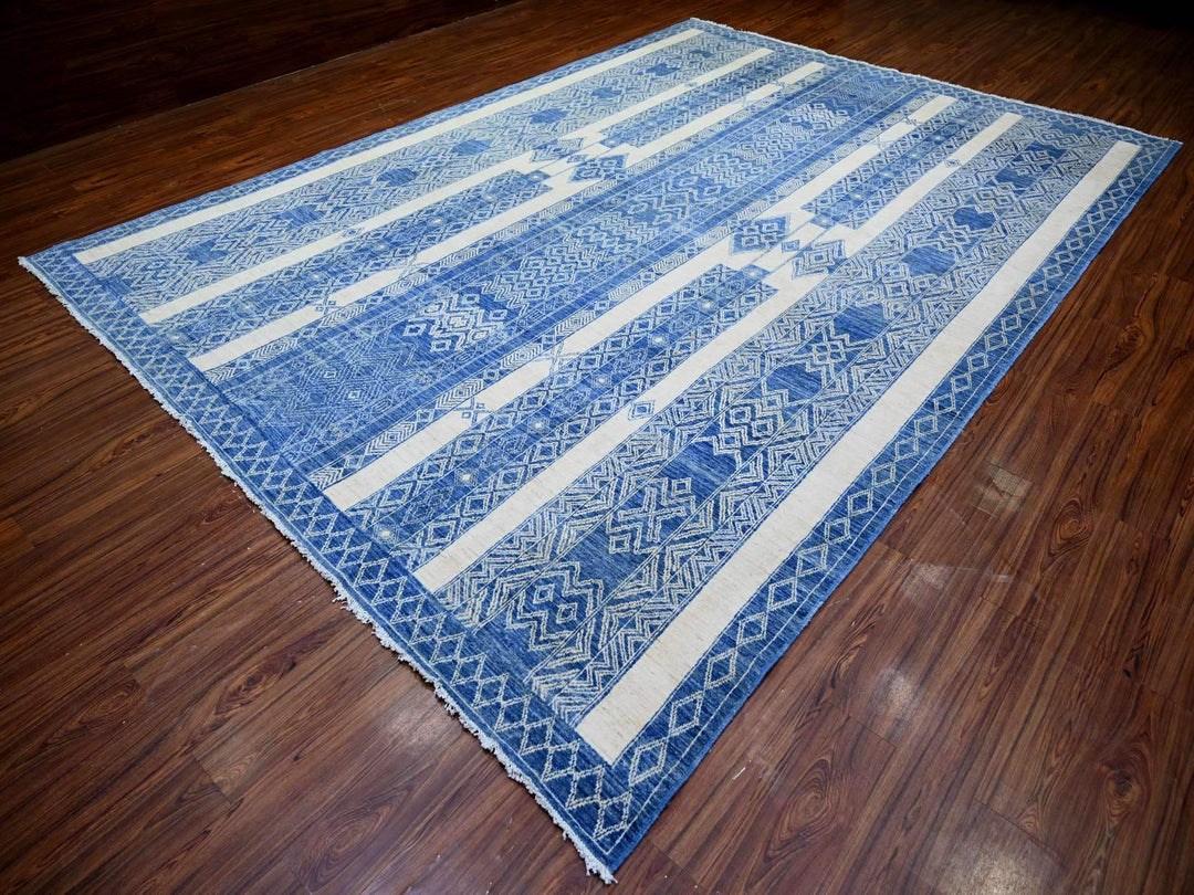 9'8" x 13'5" New Hand Knotted Blue Wool Rectangle Oriental Rug - MOA10274181