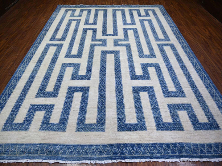 9'1" x 11'8" New Hand Knotted Blue Wool Rectangle Oriental Rug - MOA10274185