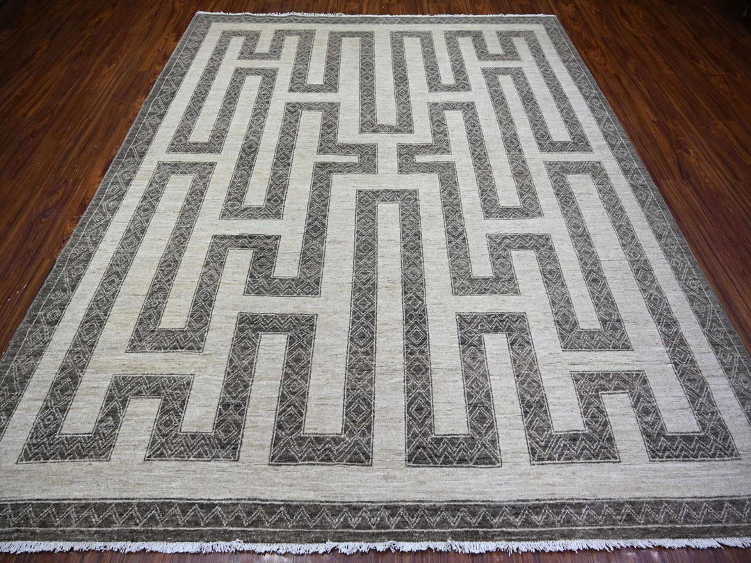 8'1" x 9'9" New Hand Knotted Brown Wool Rectangle Oriental Rug - MOA10274188