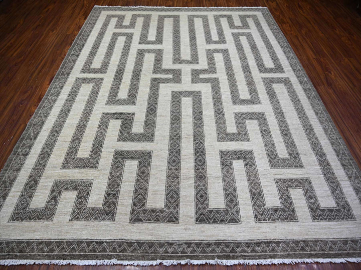 8'1" x 9'9" New Hand Knotted Brown Wool Rectangle Oriental Rug - MOA10274188