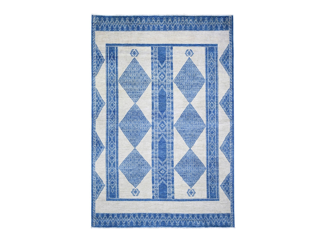 6'1" x 9'1" New Hand Knotted Blue Wool Rectangle Oriental Rug - MOA10274255