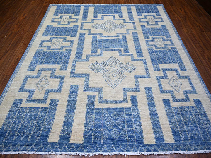 8'0" x 9'0" New Hand Knotted Blue Wool Rectangle Oriental Rug - MOA10274277