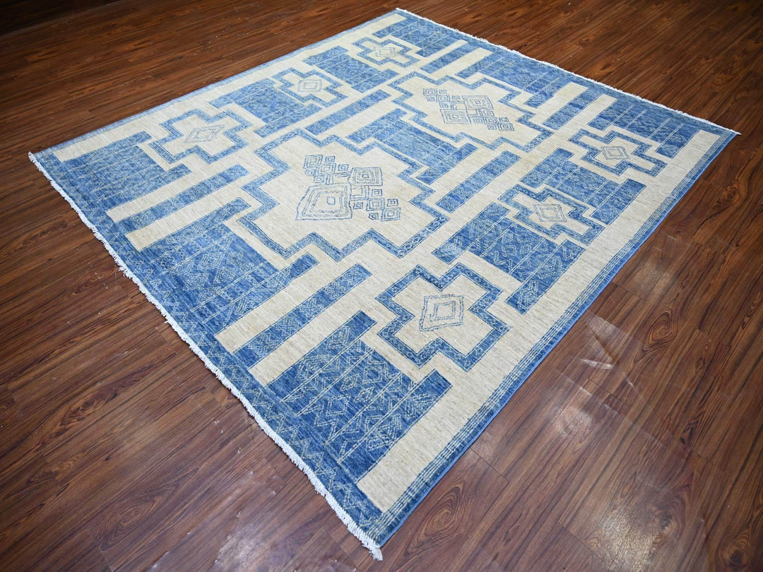 8'0" x 9'0" New Hand Knotted Blue Wool Rectangle Oriental Rug - MOA10274277
