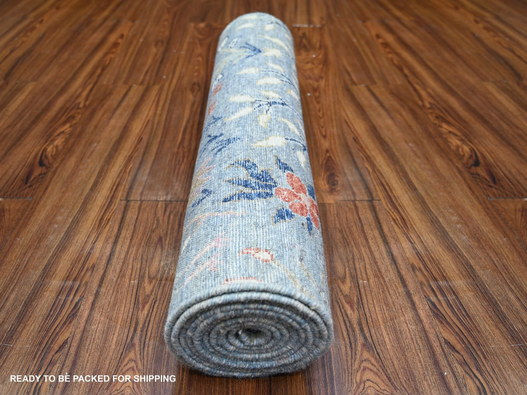 2'7" x 10'1" New Hand Knotted Blue Wool Runner Oriental Rug - MOA10274314