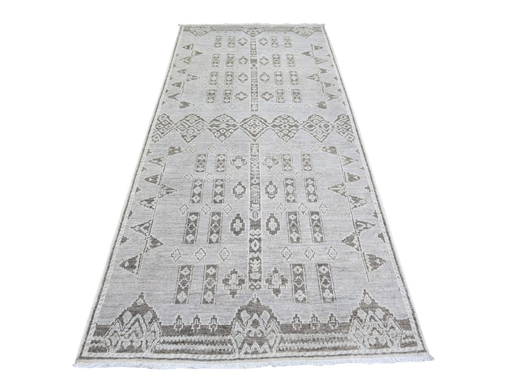 4'2" x 9'2" New Hand Knotted Grey Wool Runner Oriental Rug - MOA10274326