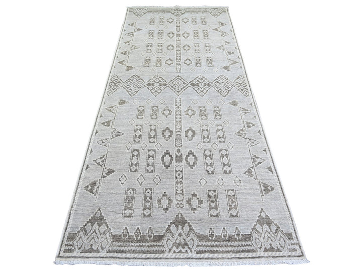 4'0" x 9'1" New Hand Knotted Grey Wool Runner Oriental Rug - MOA10274328
