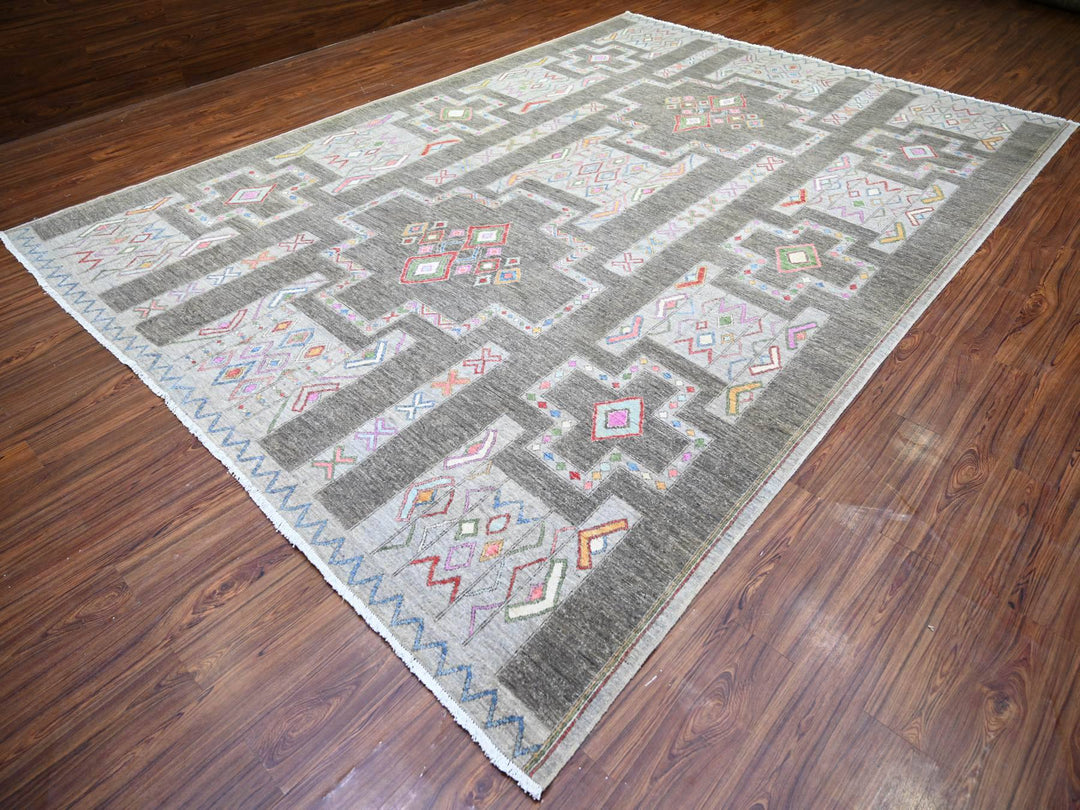 9'10" x 13'8" New Hand Knotted Grey Wool Rectangle Oriental Rug - MOA10274329