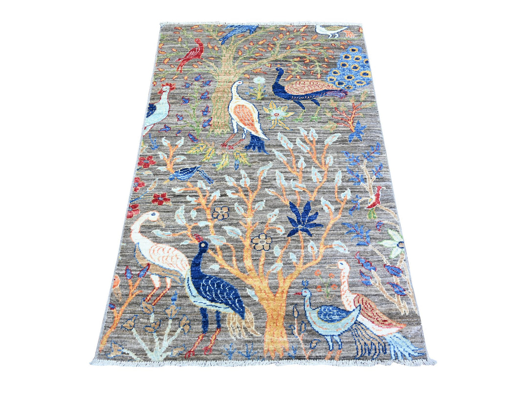 2'10" x 4'10" New Hand Knotted Grey Wool Rectangle Oriental Rug - MOA10274348