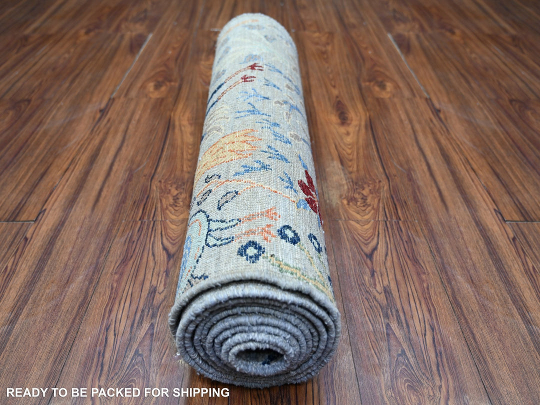 2'7" x 10'1" New Hand Knotted Grey Wool Runner Oriental Rug - MOA10274364