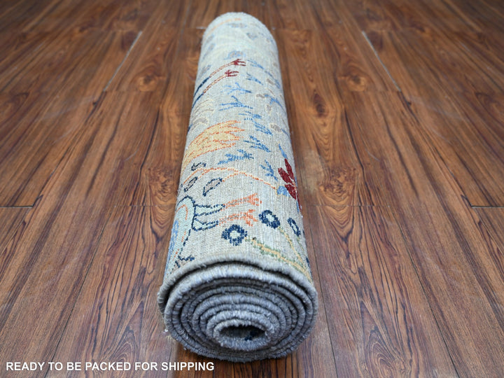 2'7" x 10'1" New Hand Knotted Grey Wool Runner Oriental Rug - MOA10274364