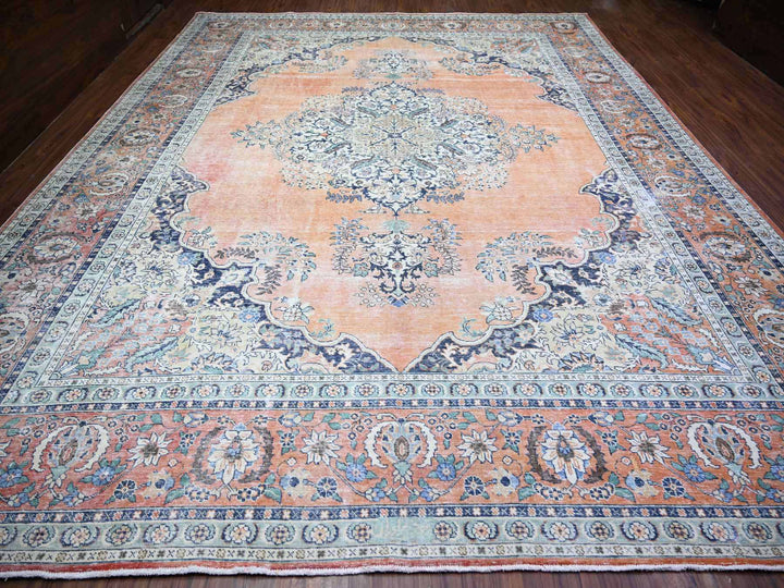 12'2" x 15'2" Vintage Hand Knotted Orange Wool Rectangle Oriental Rug - MOA10274483