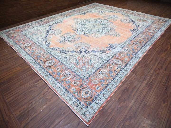 12'2" x 15'2" Vintage Hand Knotted Orange Wool Rectangle Oriental Rug - MOA10274483