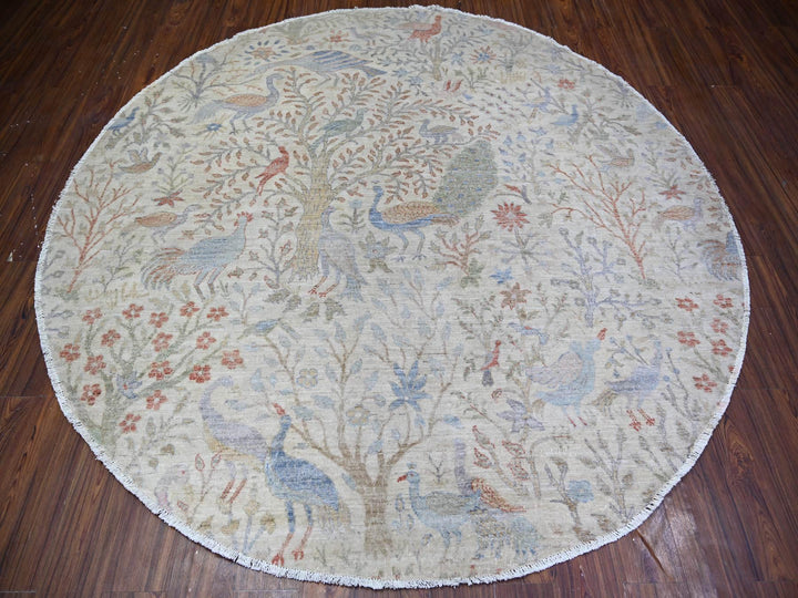7'11" x 7'11" New Hand Knotted Ivory Wool Round Oriental Rug - MOA10274496