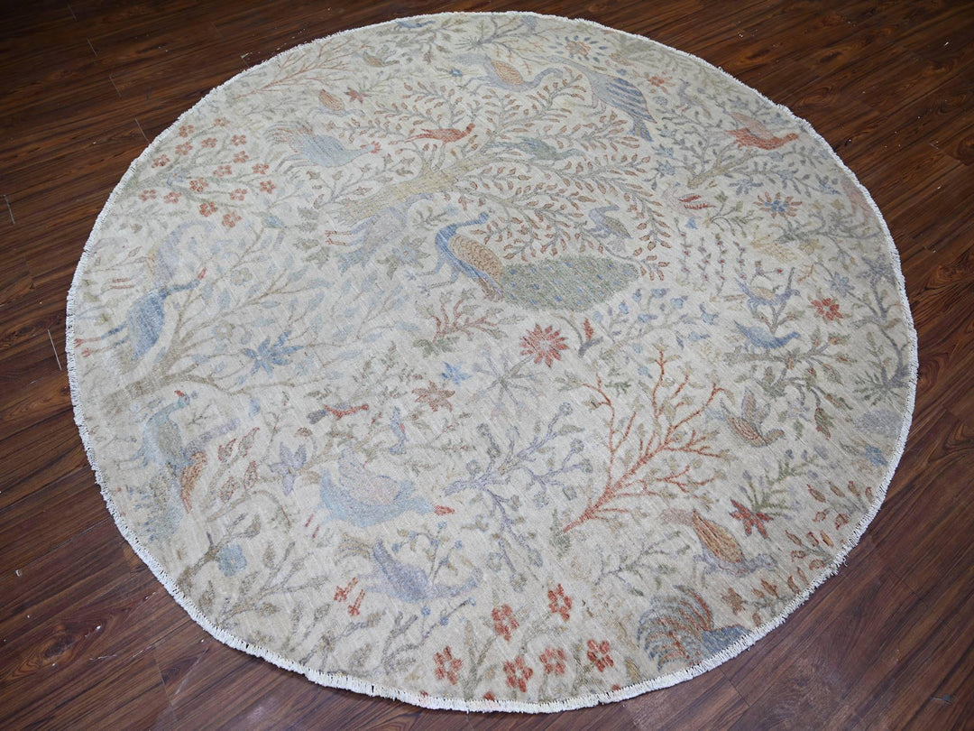 7'11" x 7'11" New Hand Knotted Ivory Wool Round Oriental Rug - MOA10274496