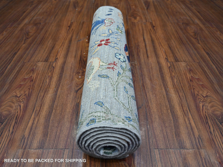 2'7" x 7'8" New Hand Knotted Grey Wool Runner Oriental Rug - MOA10274533