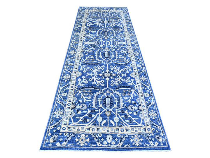 3'7" x 9'11" New Hand Knotted Blue Wool Runner Oriental Rug - MOA10274542