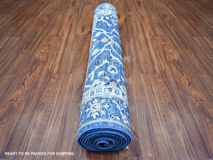 3'7" x 9'11" New Hand Knotted Blue Wool Runner Oriental Rug - MOA10274542