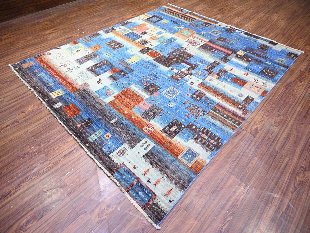 8'0" x 9'7" New Hand Knotted Blue Wool Rectangle Oriental Rug - MOA10274569