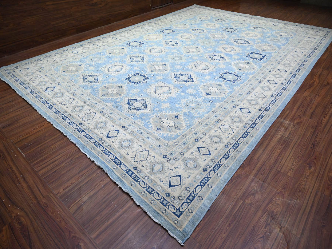 12'1" x 17'4" New Hand Knotted Blue Wool Rectangle Oriental Rug - MOA10274602