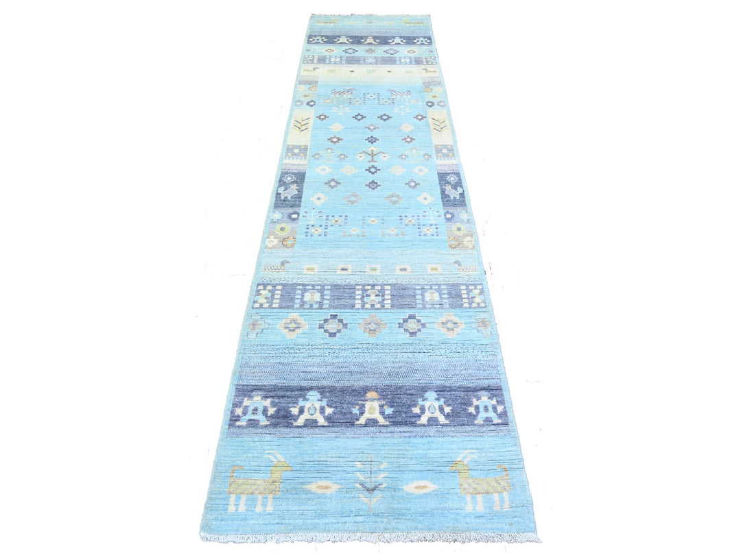 2'8" x 10'11" New Hand Knotted Blue Wool Runner Oriental Rug - MOA10274690