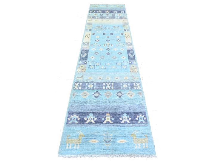 2'8" x 10'11" New Hand Knotted Blue Wool Runner Oriental Rug - MOA10274690