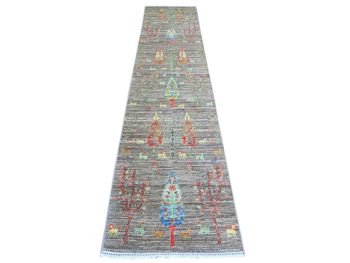 2'5" x 11'2" New Hand Knotted Grey Wool Runner Oriental Rug - MOA10274852