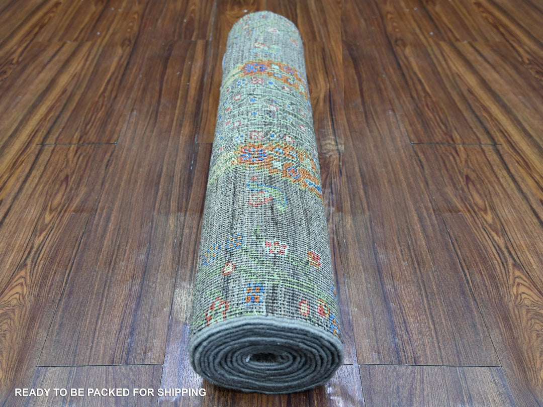 2'5" x 11'2" New Hand Knotted Grey Wool Runner Oriental Rug - MOA10274852