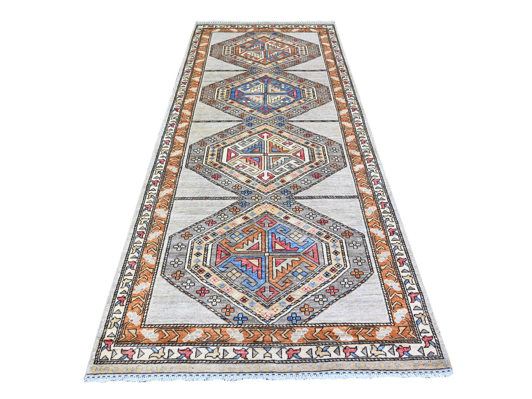 4'2" x 9'9" New Hand Knotted Grey Wool Runner Oriental Rug - MOA10274857