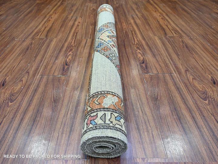 4'2" x 9'9" New Hand Knotted Grey Wool Runner Oriental Rug - MOA10274857