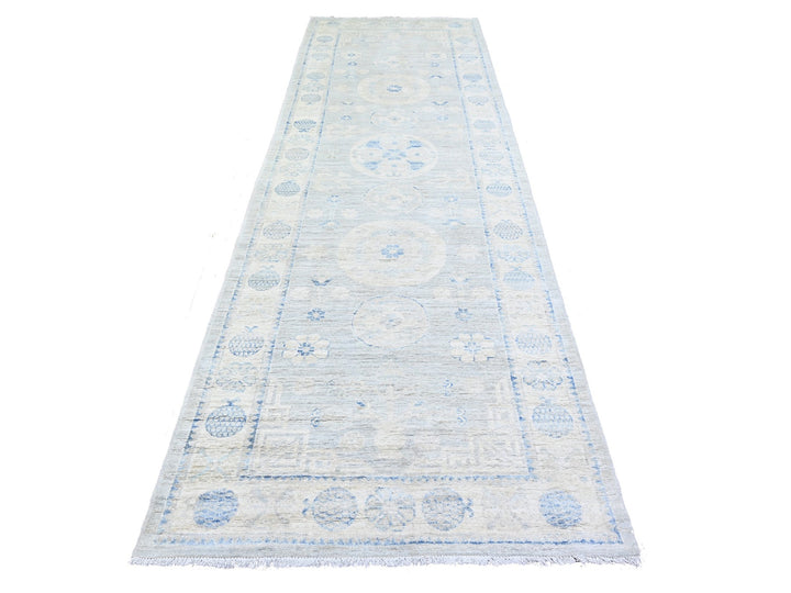 3'11" x 12'1" New Hand Knotted Grey Wool Runner Oriental Rug - MOA10274877