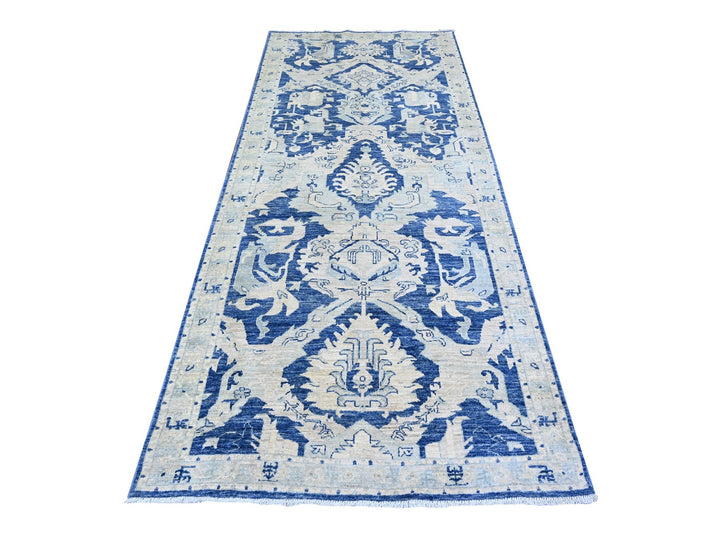 4'2" x 9'7" New Hand Knotted Blue Wool Runner Oriental Rug - MOA10274902