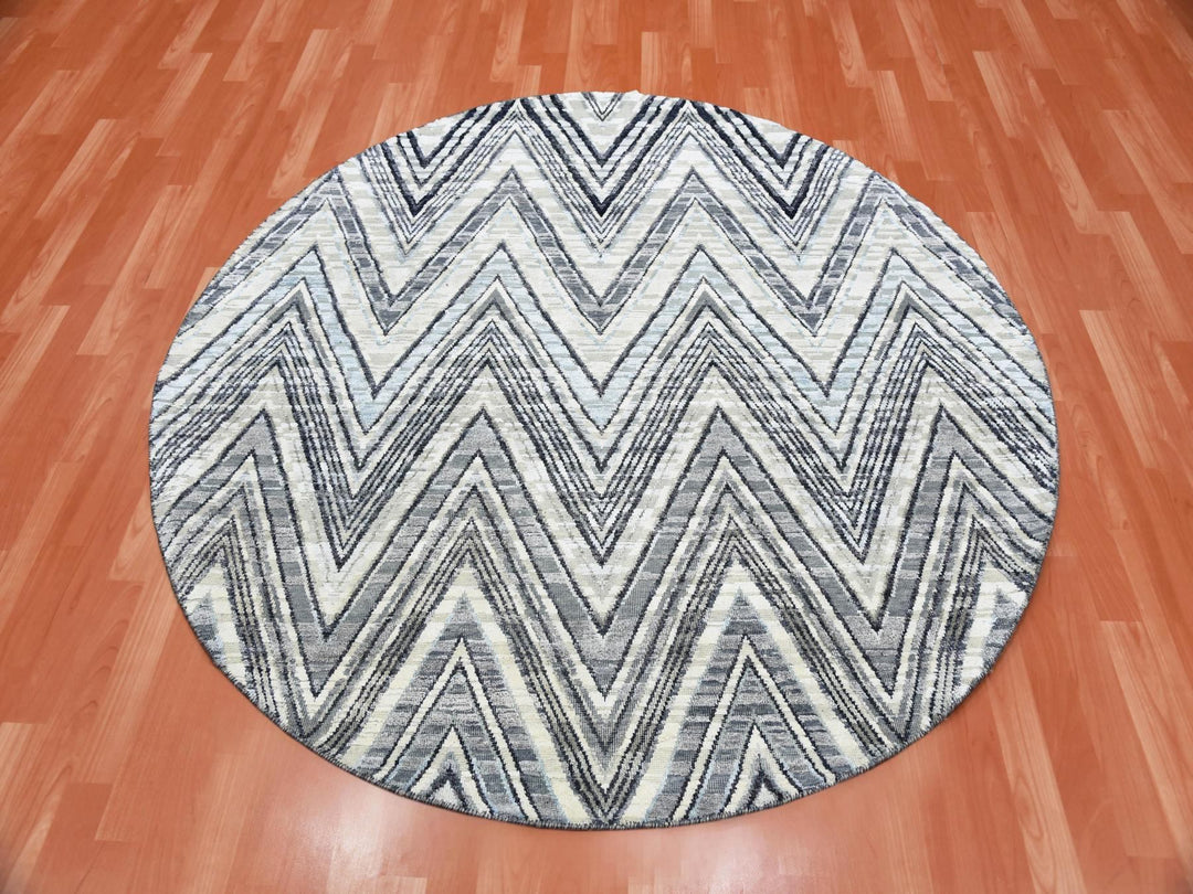 6'0" x 6'0" New Hand Knotted Ivory Wool & Silk Round Oriental Rug - MOA10275029
