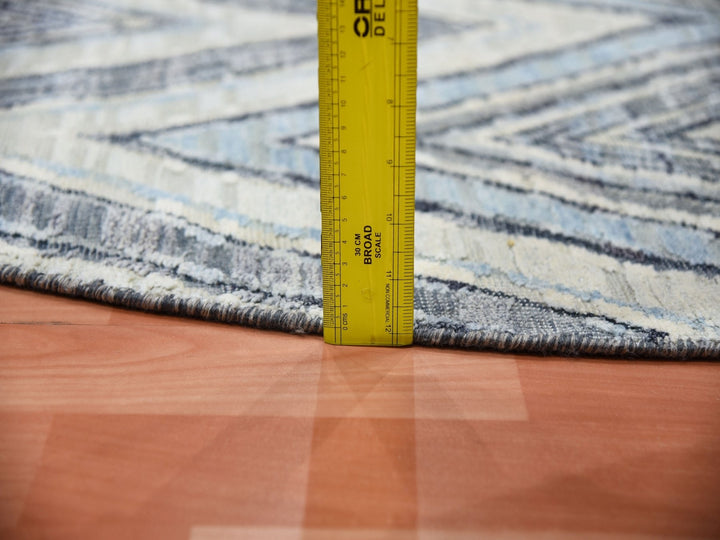 6'0" x 6'0" New Hand Knotted Grey Wool & Silk Round Oriental Rug - MOA10275029