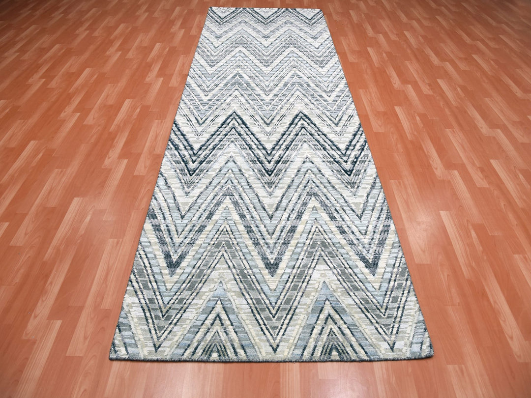 4'2" x 12'4" New Hand Knotted Ivory Wool & Silk Runner Oriental Rug - MOA10275030